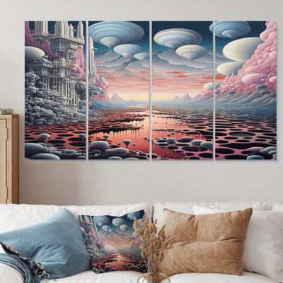 «Futuristic River In Cloudscapes Of Demain» - Paysage abstrait, art mural, 4 pièces