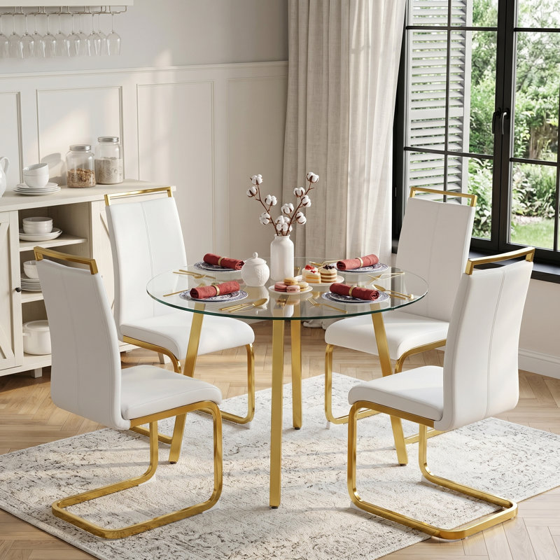 Round Glass Dining Set, Gold Metal Legs & Ribbed PU Leather Chairs, 5 Pieces: 1 Table, 4 Chairs, White