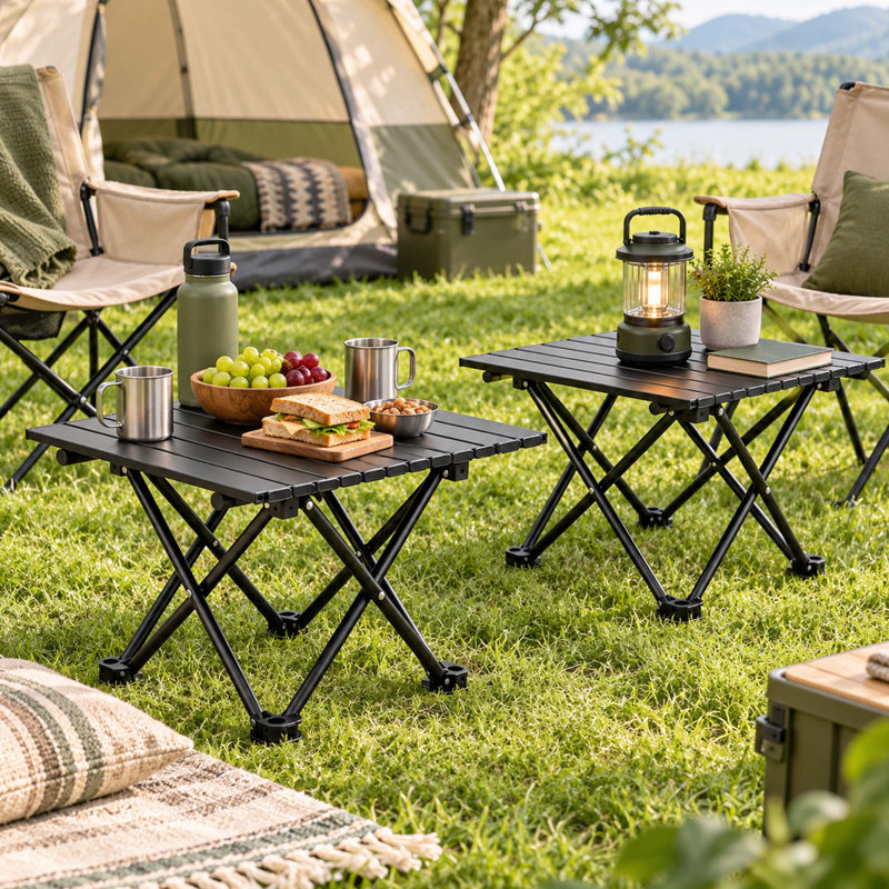 Ensemble de 2 tables de camping pliantes, tables d'appoint portatives en métal avec sacs de transport, noir