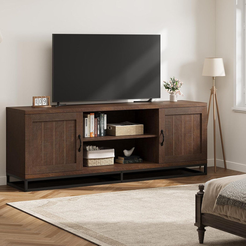Farmhouse TV Stand for 75 inch, Grey Entertainment Center with Metal Legs & Adjustable Shelves, Brown