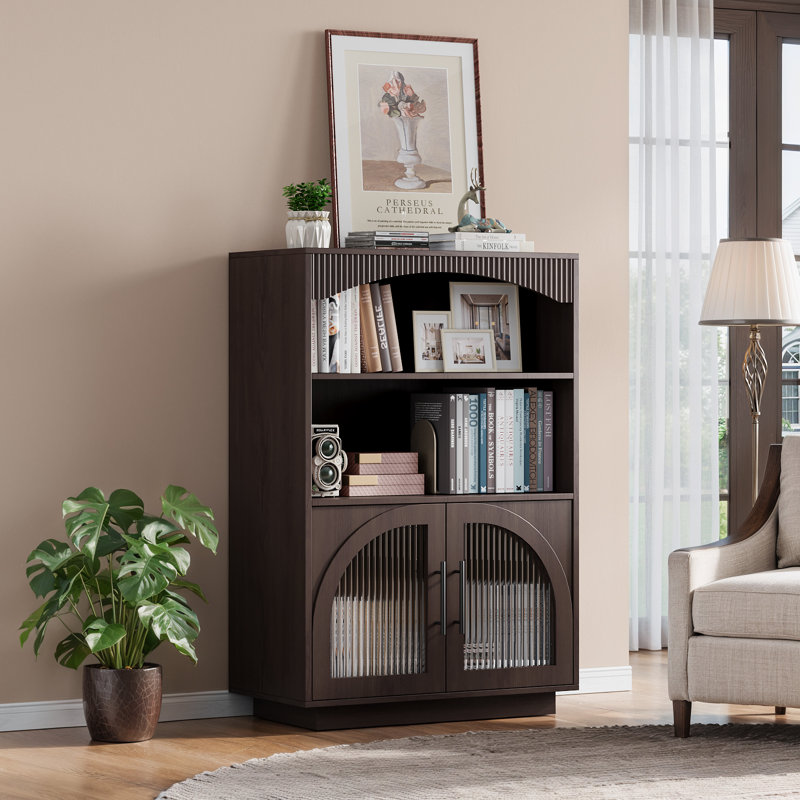 46" Bookshelf And Bookcase, Small Bookcase With Glass Door, 3 Tier Mid-century Book Shelves W/ Deep Storage Cabinet And Adjustable Shelves, Wood Standing Small Book Shelf For Home Office Kitchen