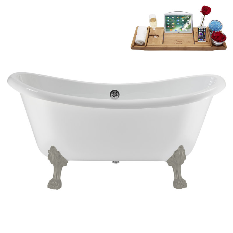 59" Streamline Clawfoot Tub,Tray,Drain, Clawfeet, Brushed Gun Metal, Polished Chrome