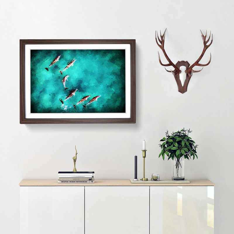 Sunlight upon the Dolphins in Abstract - Picture Frame Painting Print, Walnut Framed, 27cm H x 36cm W x 2cm D