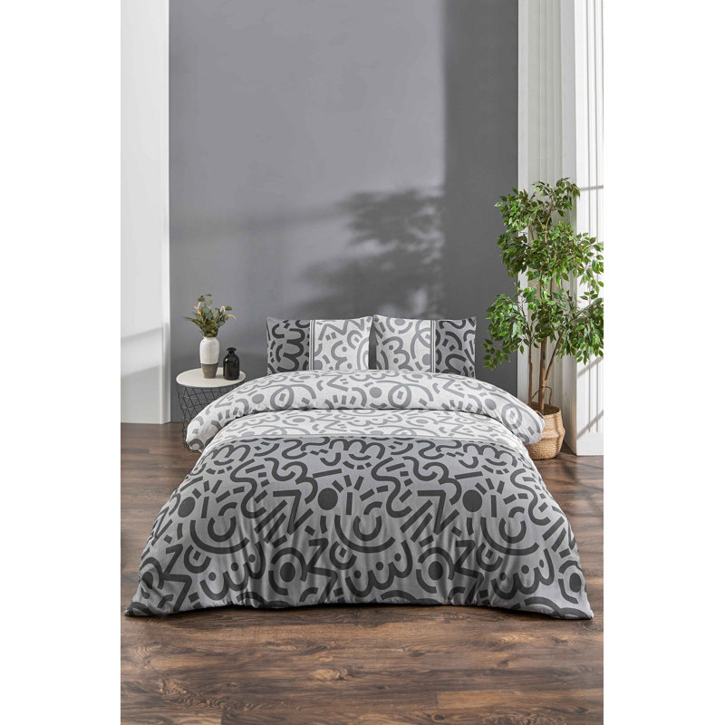 Double Quilt Cover Set, Black & White/Grey, 78.7 x 78.7 inches | 65% Cotton / 35% Polyester, Machine Washable, 120 Thread Count | 2 Envelope Pillowcases, Stylish Pigment Printing, Cozy & Durable Design