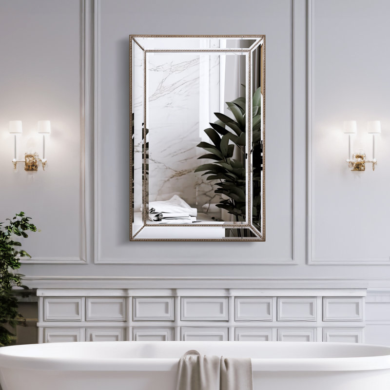 Metro Beaded Champagne Silver Glass Framed Decorative Accent Wall Mirror - 24" x 36"