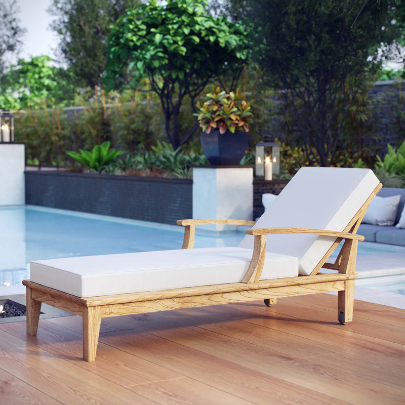 Natural Teak Outdoor Chaise Lounge with White Cushions