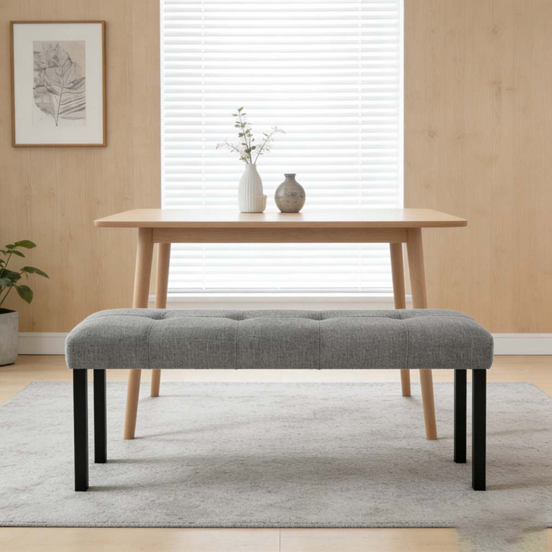 Modern Tufted Linen Dining Bench, Gray