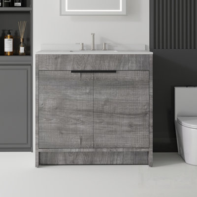 Meuble-lavabo autoportant avec lavabo, porte à fermeture douce, comptoir et dosseret en marbre de culture blanc granit, contreplaqué