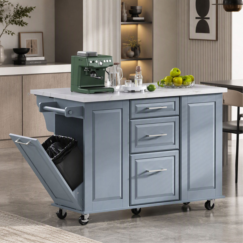 Îlot de cuisine K&K 50,7 po avec rangement, poubelle inclinable et organisateur coulissant, îlot de cuisine mobile sur 5 roues avec abattant, 2 tiroirs, 1 porte pour cuisine ou salle à manger.