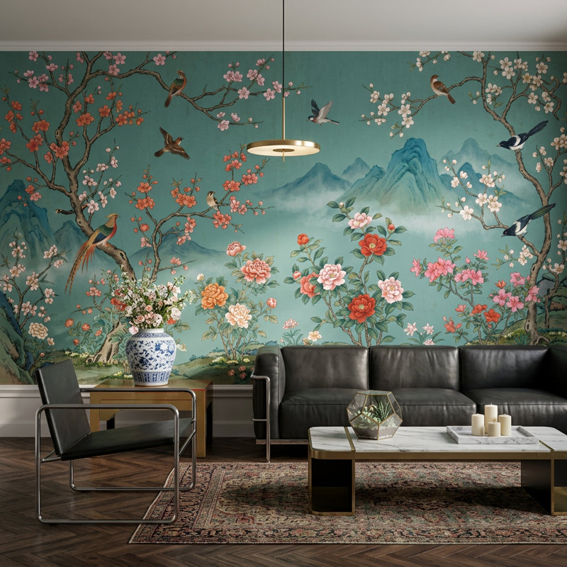 Murale bleu sarcelle avec branches de cerisier en fleurs, Non tissé, 160 po x 108 po