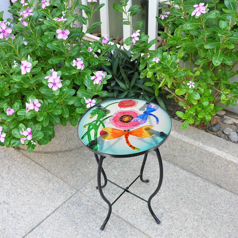 Petite table d'appoint de patio avec plateau en verre, table d'appoint en métal pour le jardin, balcon, décoration d'intérieur / extérieur pour plante
