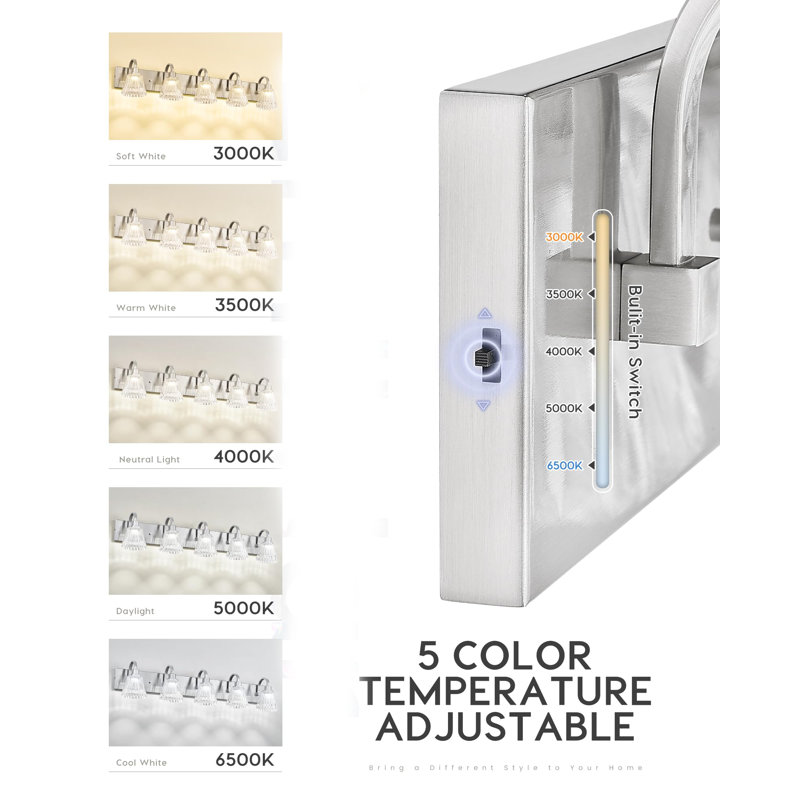 5 - Light Dimmable LED Vanity Light, Fluted Ripple Glass Shade, Industrial Vanity Lighting Fixtures, Brushed Nickel