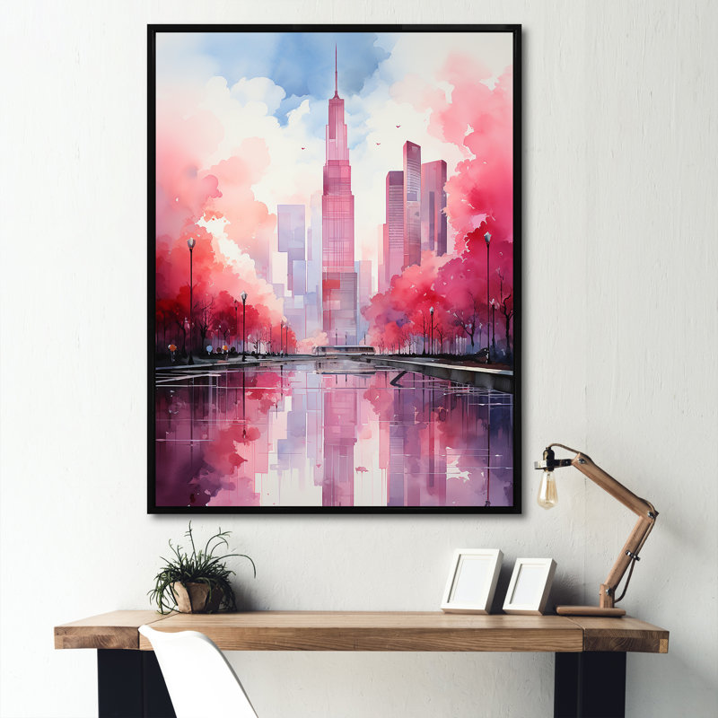 Rose et bleu, gratte-ciel de New York, art mural gratte-ciel, Cadre flottant noir, H 20 po x l 12 po