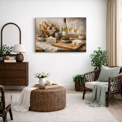 Vintage Bread Cheese and White Wine Still Life Artwork, Farmhouse Kitchen Pictures, Framed Canvas Giclee Print Wall Art