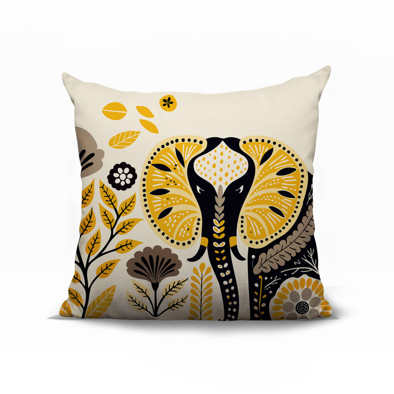 Oreiller carré réversible intérieur / extérieur à motif d'éléphants Issa, Jaune, Carré 15 po