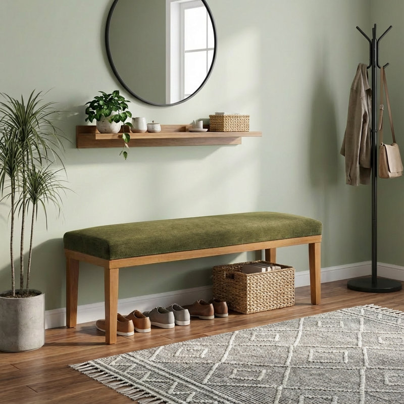 Entryway Upholstered Bench 52.8'' With Solid Wooden Legs, Olive Green Velvet Shoe Bench Easy To Assemble, Green