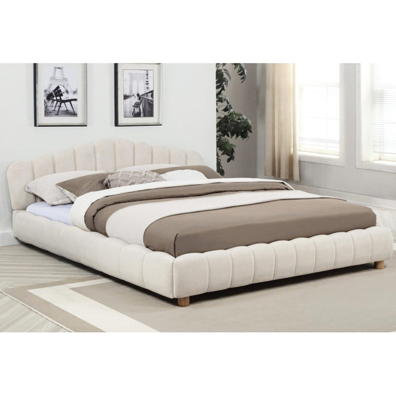 Grand lit tapissier crème en velours, mobilier de chambre moderne à profil bas avec rails latéraux et quincaillerie incluse