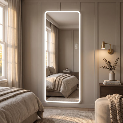 Miroir de salle de bain pleine longueur à DEL avec gradation continue et sécurité antidéflagrante - Miroir mural moderne à bord arrondi pour chambre à coucher, salle de bain ou vestiaire