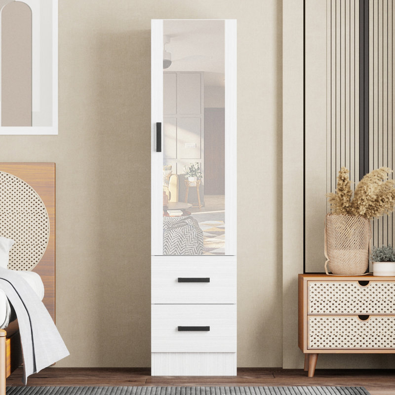 Wardrobe Armoire Closet With 2 Drawers And Mirror On The Door That Can Open From Either The Left Or Right., White