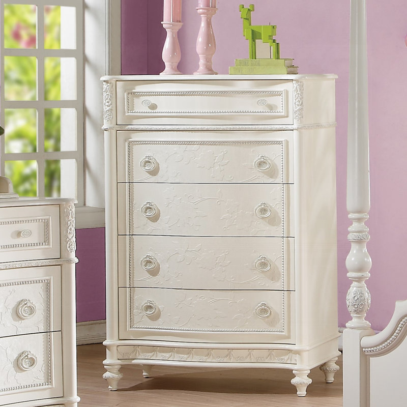 Commode 5 tiroirs en bois blanc perle