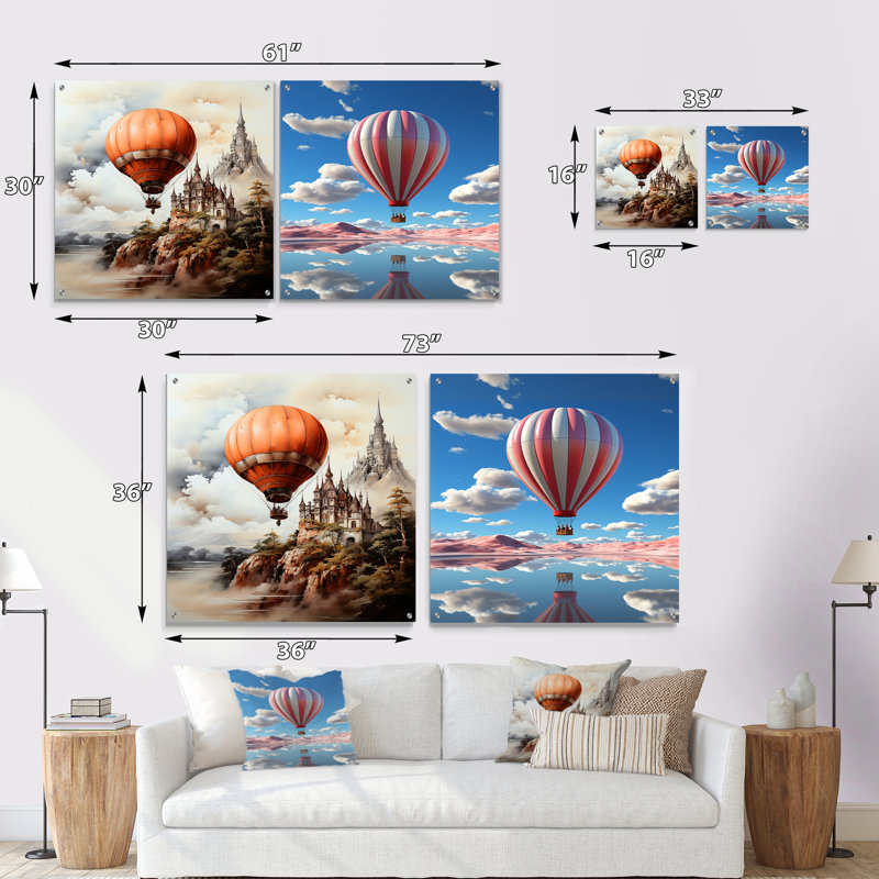 «Castle Hot Air Balloon Flight I» - ensemble de 2 verres muraux en acrylique, H 36 po x l 73 po
