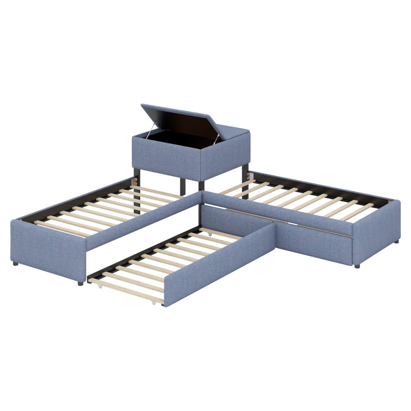 Lampart Twin Size L-Shaped Upholstered Platform Bed with Trundle and Two Drawers
