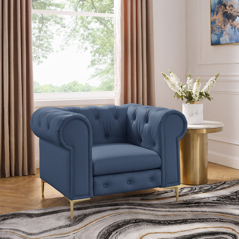 Fauteuil Chesterfield 34 po, Similicuir bleu marine