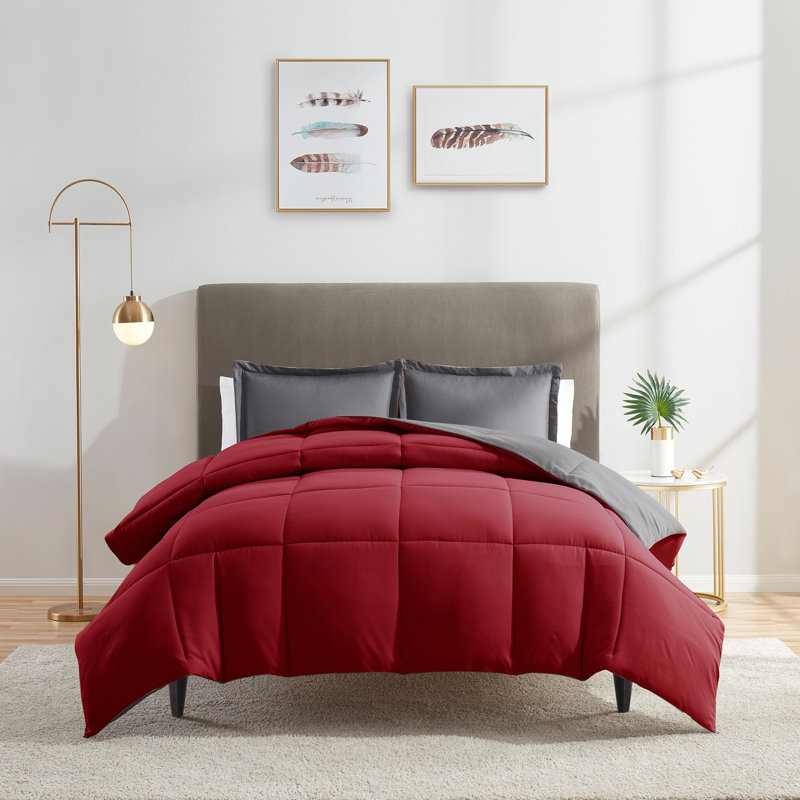 All Season Down Alternative Reversible Comforter Set, King Comforter + 2 King Shams, Gray/Burgundy