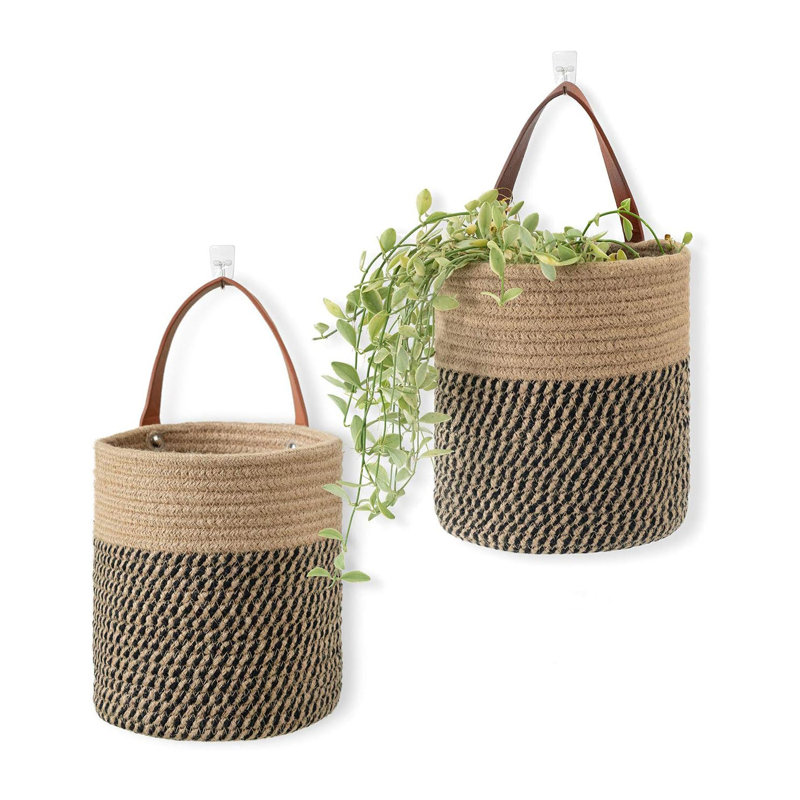 Ensemble de 2 paniers suspendus - Petit panier de corde en fougère tissée suspendue avec plantes et fleurs Boho, Blanc