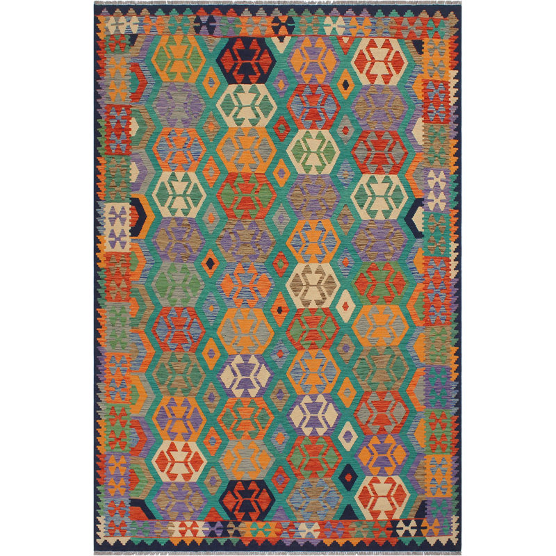 Tapis vert / bleu en laine tissé à la main de style tribal / géométrique / sud-ouest par Cedor 6 pi x 7 pi 10 po