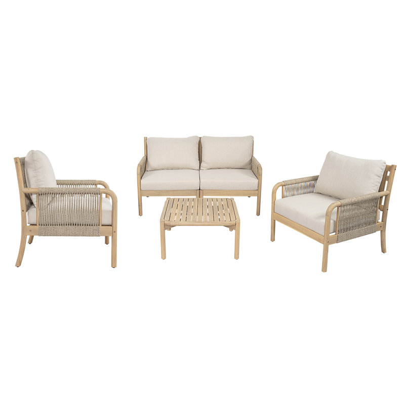 Casper Outdoor Acacia Wood Conversation Set with Coffee Table and Cushions, 4