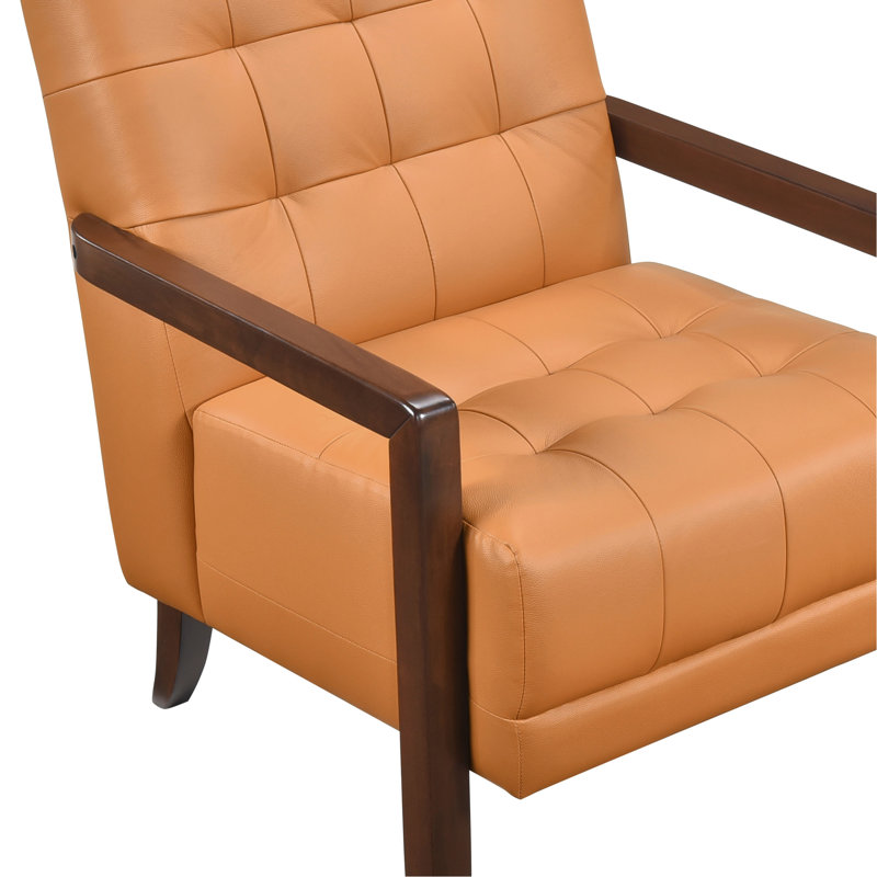 Fauteuil d'appoint 100% cuir orange vif avec structure et coussin de pieds contemporain en contreplaqué brillant