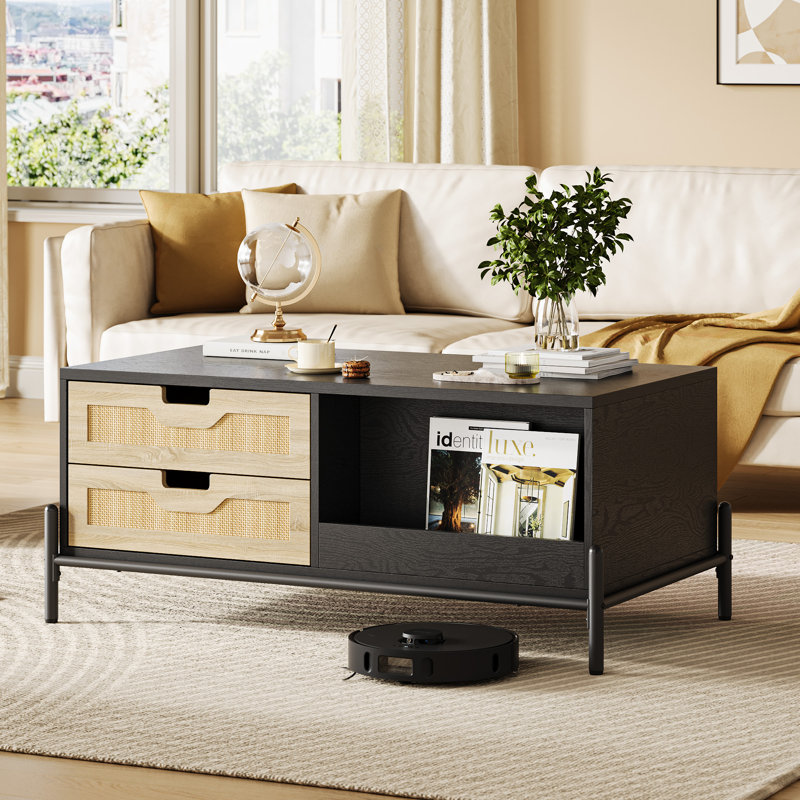 Table basse en rotin avec éclairage DEL, table centrale moderne avec tiroirs de rangement