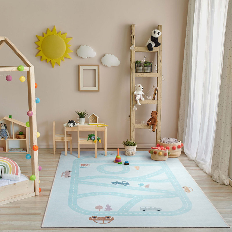 Kids Rugs Playful Roads Grey Area Rug, Rectangle 6' x 9', Light Blue