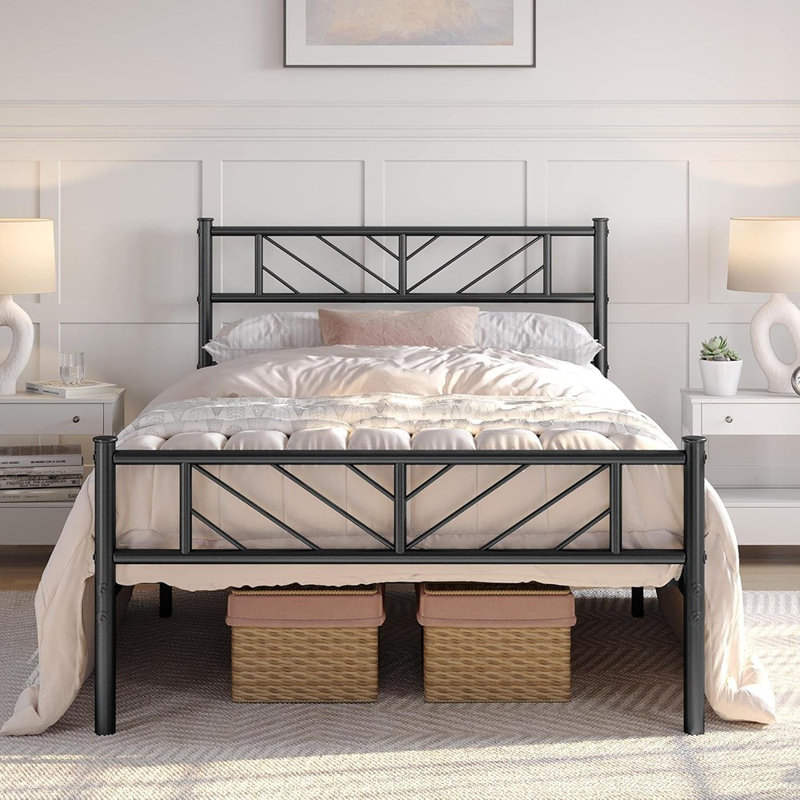 Base de lit plateforme simple avec tête de lit à flèche, sommier en métal de 13 po avec rangement sous le lit, aucun sommier nécessaire, assemblage facile, style moderne, noir