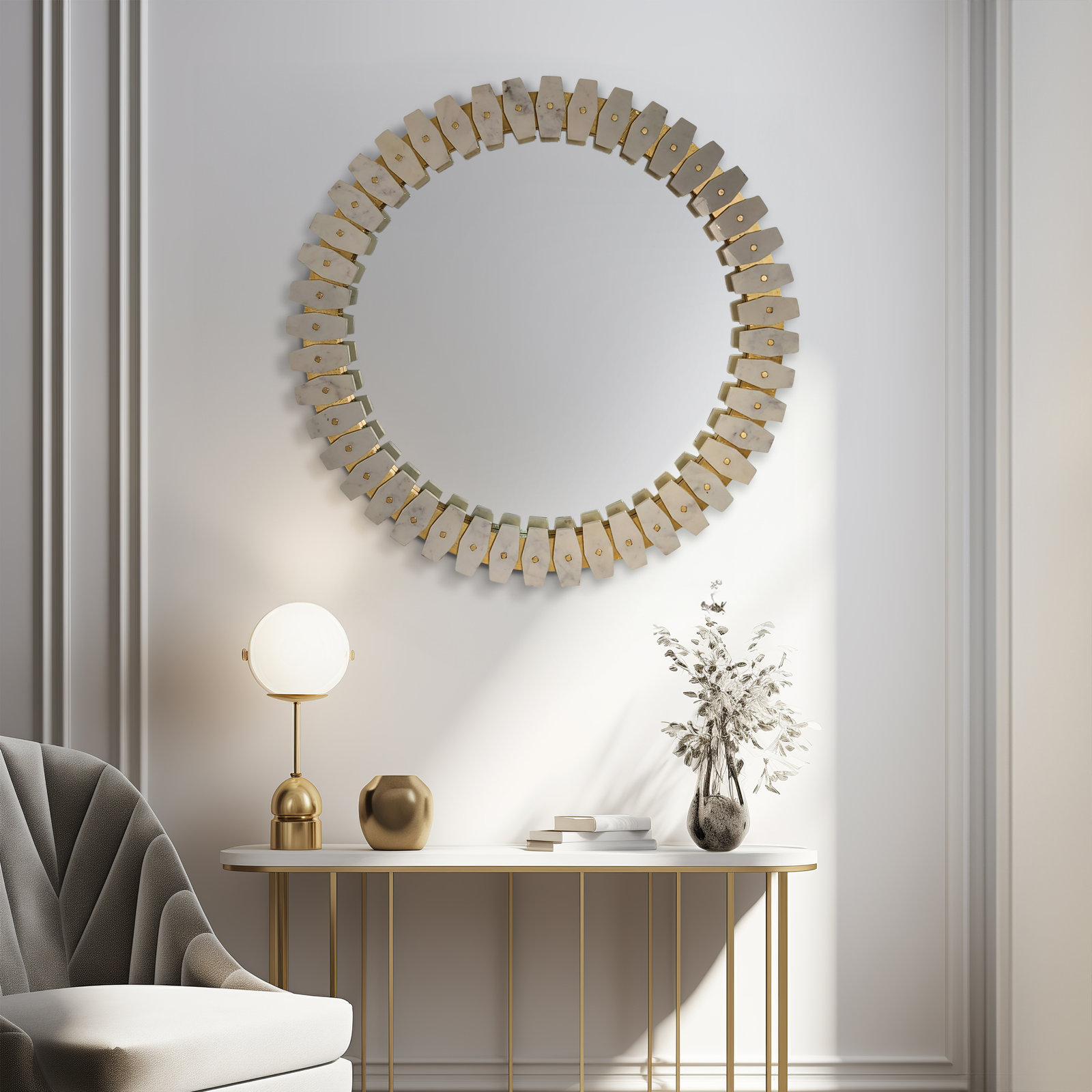Quinnel 35" Marble Accent Mirror, White