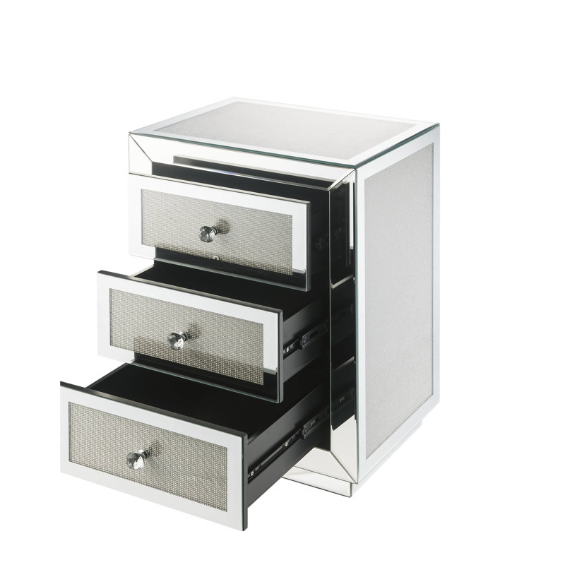 Magnifique table d'appoint miroir ornée de faux diamants - Meuble de rangement à 3 tiroirs, finition argentée brillante, bois synthétique et métal, solution d'appoint rectangulaire instantanément glamour et charmante