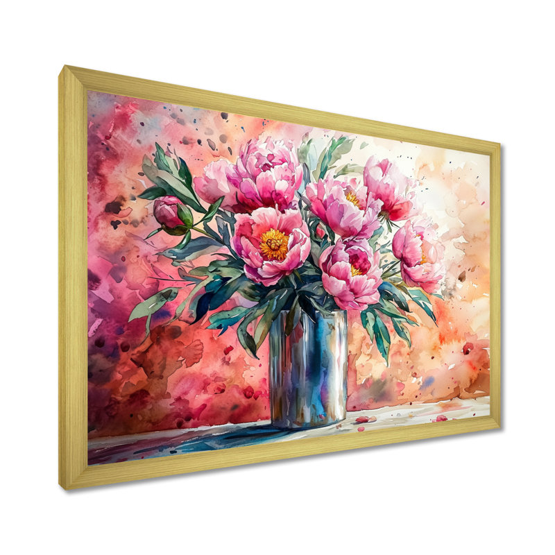 Pivoines roses dans un vase en acier inoxydable - pivoines, art mural, H 24 po x l 32 po, Doré