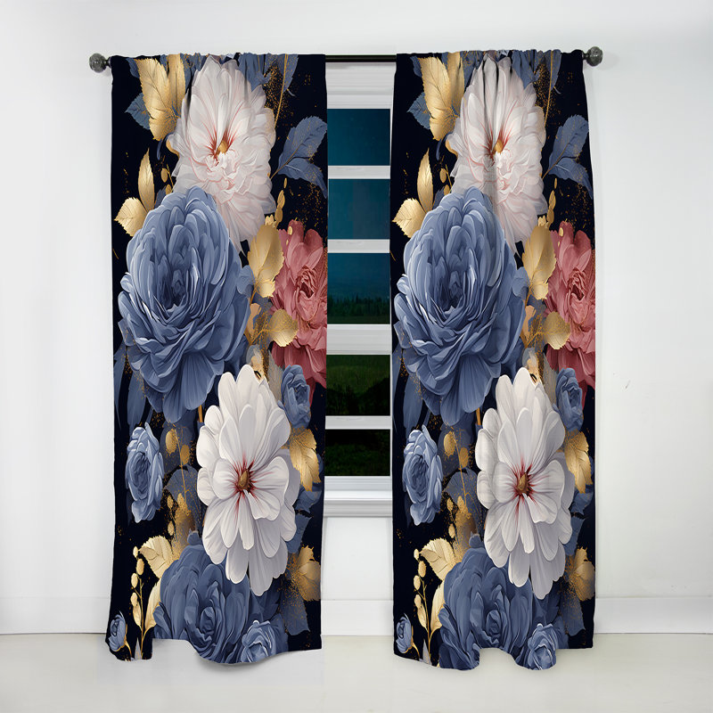 Vincent - Gold And Blue Rose Elegance IV - Traditional Velvet Curtain - Room Darkening - 1 panel, 52" W x 84" L