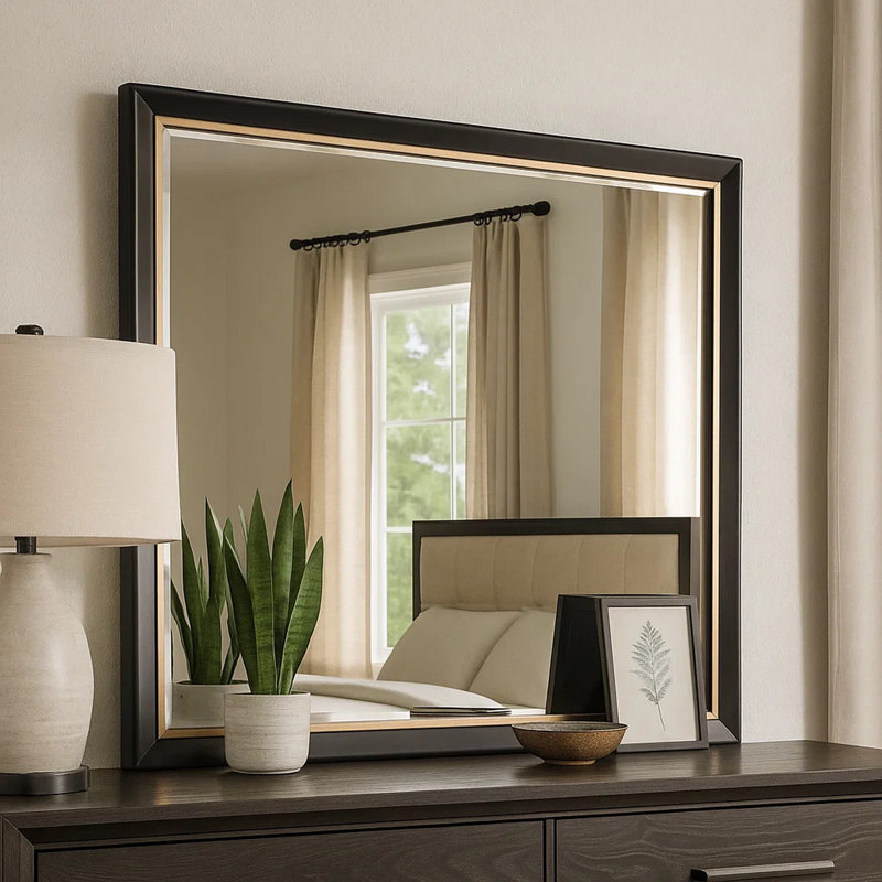 Miroir de commode Yada, verre biseauté, bois brun espresso, doré, 39 x 48