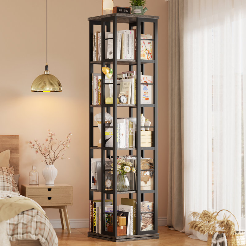 Fortis 54"H x 15.8"W x 15.8"D Rotating Bookcase, Coner bookshelf, Gray, (5 Shelves) 62.2"H x 15.75"W x 15.75"D