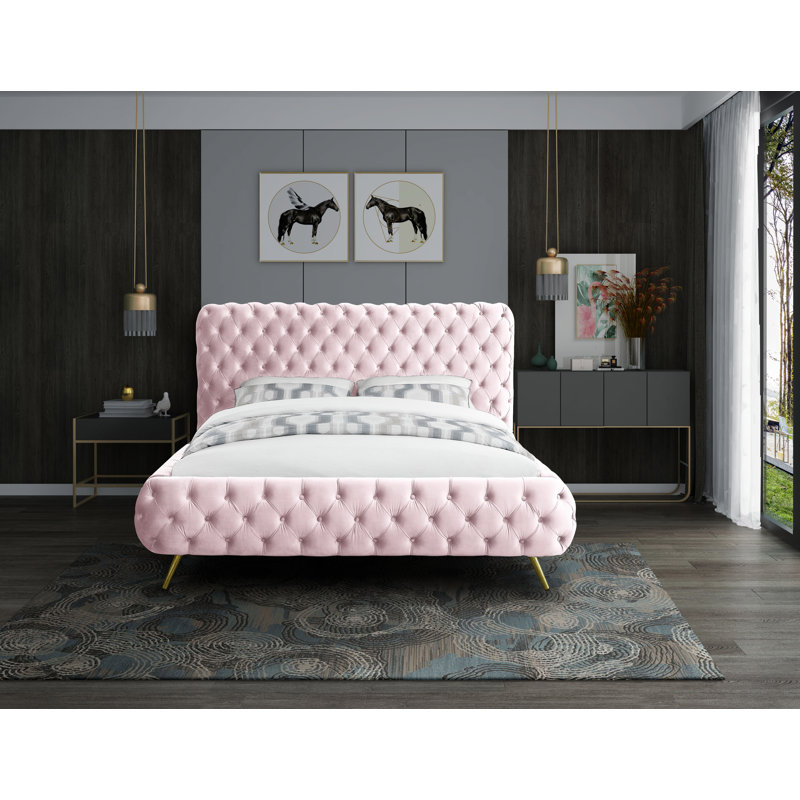 Lit-bateau tapissier Delano, Grand, Velours rose