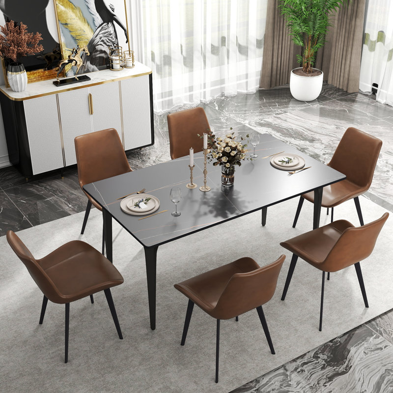 6 Seat Modern Stone Dining Table Set With Faux Leather Side Chairs, 7-piece Dining Set, Brown, Black