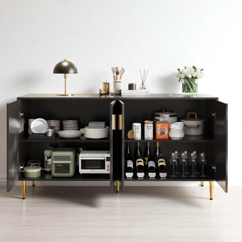 Sideboard With Unique Wave Design And Golden Handles And Feet, Black