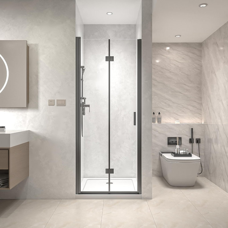 32" W X 72" H Pivot Bifold Frameless Glass Shower Door 1/4 Inch (6mm) Tempered Clear Glass Swing Shower Panel In Black Finish, Reversible Installation
