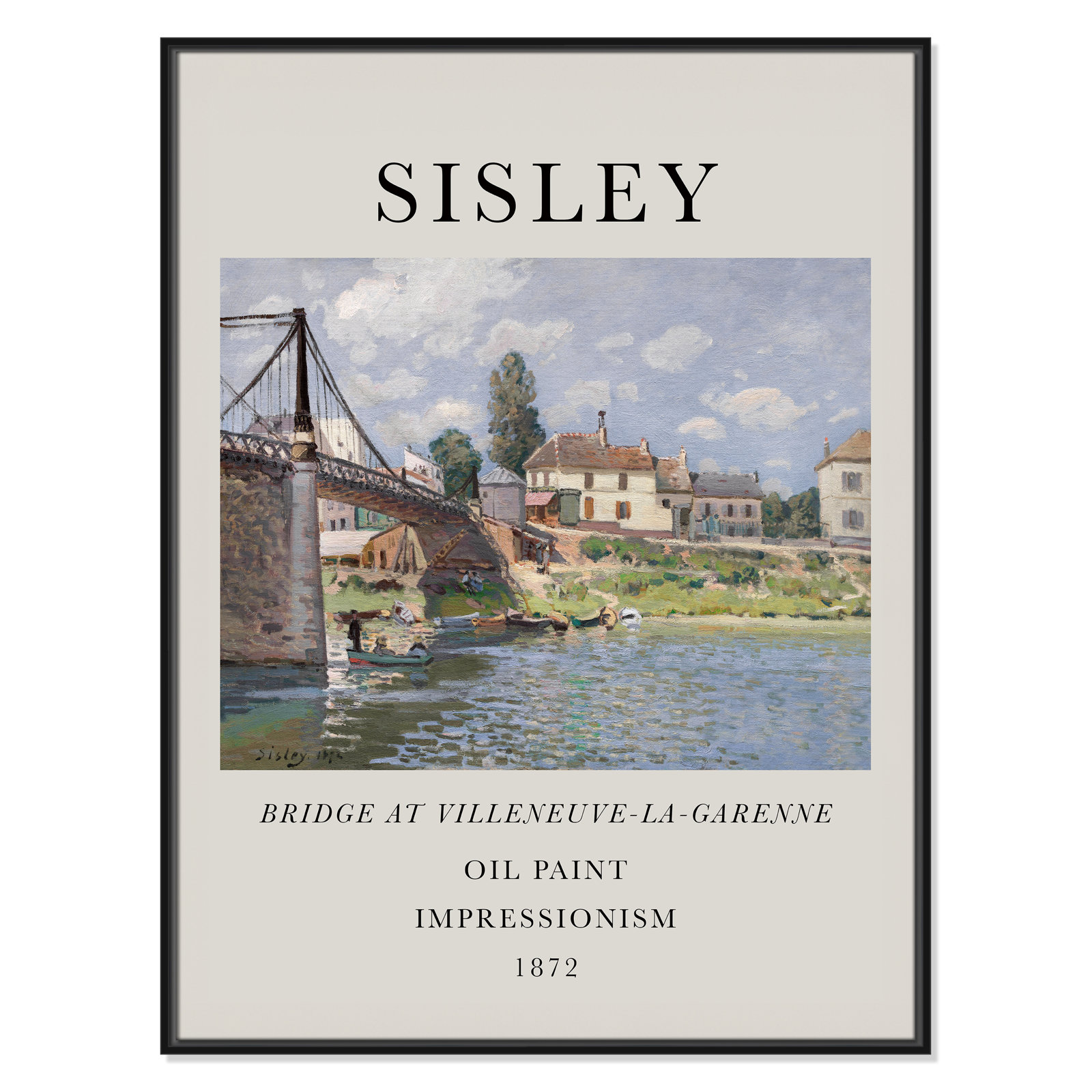 Old Masters Collection " The Bridge At Villeneuve " by Alfred Sisley, No, 41.5" H x 31.5" W x 2" D, Black Floater Frame