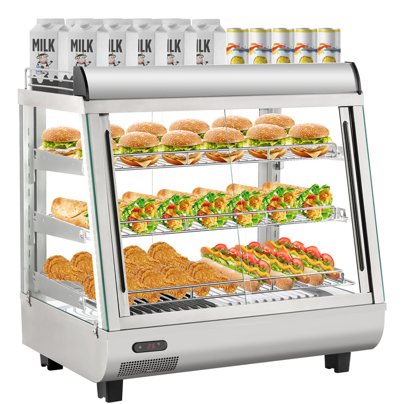 Vitrine chauffante de comptoir 26 po, chauffe-plat à 3 niveaux avec tablettes réglables, portes coulissantes en verre et éclairage DEL pour le service de pizza, de pâtisserie et de buffet