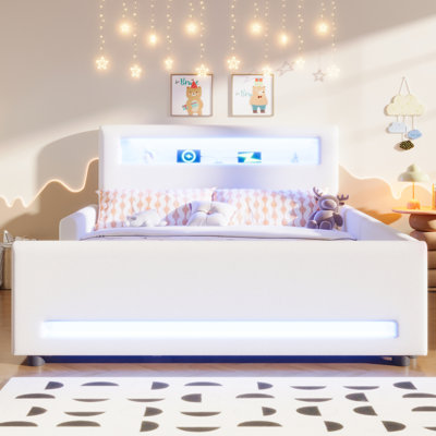 Lit plateforme double tapissier avec tiroir, bande lumineuse à DEL, port USB, blanc
