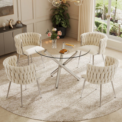 Ensemble de salle à manger 4 personnes Raykwan, table de salle à manger ronde en verre trempé avec chaise de salle à manger Weaven