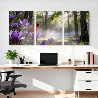 Cardinal oiseau et fleurs de magnolia mauves, scène de forêt, reproduction d'art sur toile tendue sur toile, ensemble de 3
